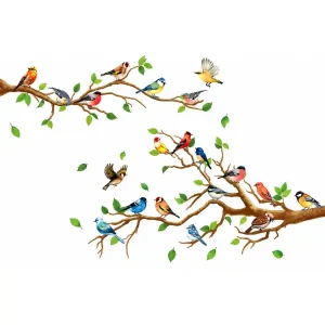 Sticker Branches aux Oiseaux Printaniers avec oiseaux multicolores et branches feuillues sur fond blanc