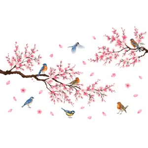 Sticker Branches de Cerisier aux Oiseaux avec fleurs roses, oiseaux colorés et pétales sur fond blanc.