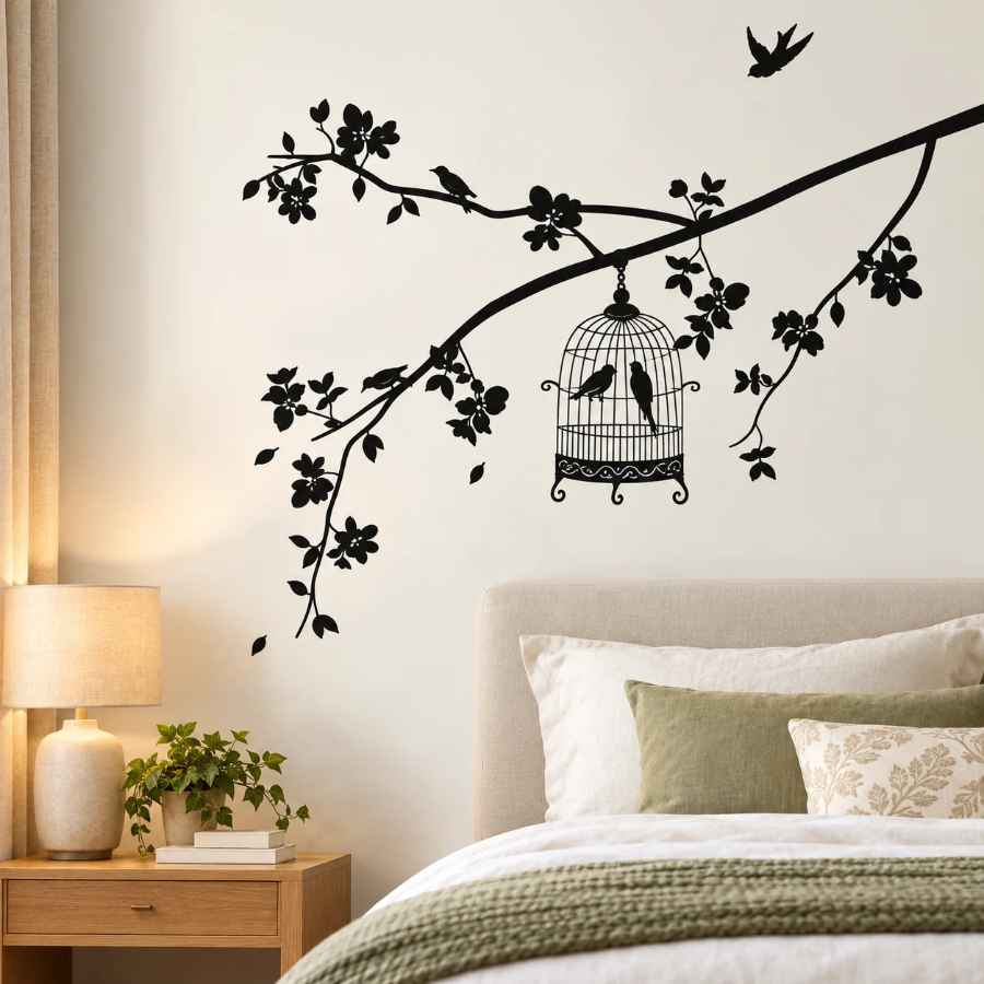 Sticker Cage à Oiseaux noir avec branches fleuries et cage suspendue au-dessus d'un lit