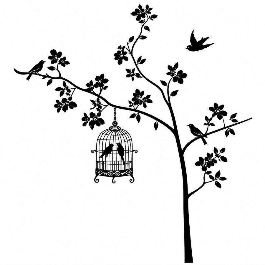 Sticker Cage à Oiseaux noir représentant un arbre fleuri, des oiseaux et une cage suspendue