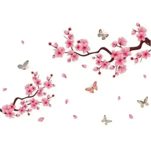 Sticker Cerisier aux Papillons Virevoltants avec branches de fleurs roses, papillons colorés et pétales sur fond blanc.