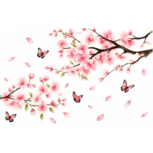 Sticker cerisier papillons avec branches fleuries roses, quatre papillons colorés et pétales délicats, dans un style aquarelle asiatique.