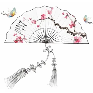 Sticker mural éventail chinois orné de fleurs de cerisier roses et de deux papillons colorés