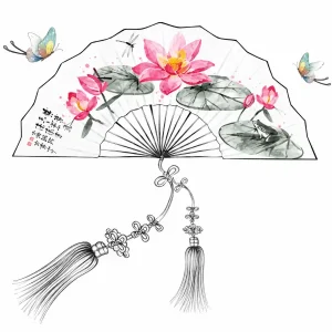 Sticker mural éventail chinois orné de fleurs de lotus roses, de feuilles de lotus et de deux papillons colorés
