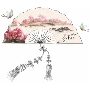 Sticker mural éventail chinois décoré d'un paysage de cerisiers roses, d'eau, de rochers et de deux papillons