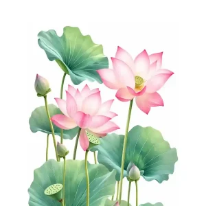 Sticker Lotus Feng Shui Sérénité avec fleurs de lotus roses, boutons floraux et grandes feuilles vertes sur fond blanc.