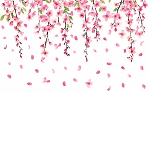 Sticker fleurs cerisier roses en branches retombantes, avec pétales dispersés pour une décoration murale printanière