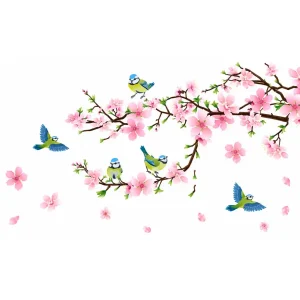 Sticker fleurs de cerisier aux mésanges bleues et jaunes, avec branches fleuries roses et pétales dispersés
