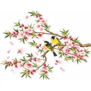 Sticker Fleurs de Cerisier aux Oiseaux avec branches fleuries roses et deux petits oiseaux jaunes et noirs
