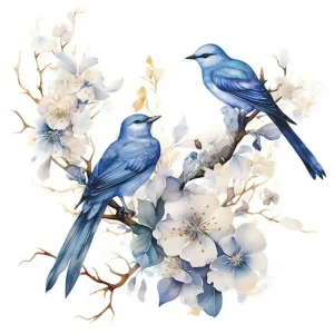 Sticker Fleurs de cerisier et Merles bleus représentant deux oiseaux bleus sur des branches aux fleurs blanches