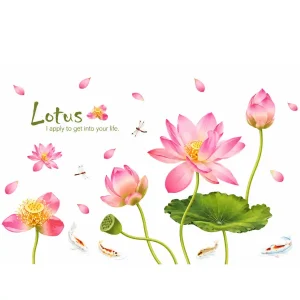 Sticker Fleurs de Lotus rose du Bonheur avec carpes koï, libellules et pétales roses