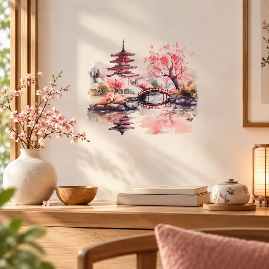 Sticker jardin japonais zen de 23 × 22 cm installé au-dessus d'une console en bois, dans un intérieur chaleureux aux tons naturels.