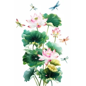 Sticker Lotus du Renouveau représentant des fleurs de lotus roses et blanches, de grandes feuilles vertes et des libellules colorées sur fond blanc.