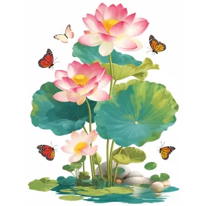 Sticker Lotus Harmonie Renouveau représentant trois fleurs de lotus roses, de grandes feuilles vertes et des papillons colorés sur fond blanc.