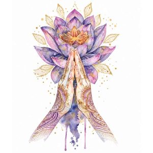 Sticker Lotus et Paix Intérieure avec mains Namasté, fleur de lotus violette et détails dorés, symbole de sérénité et d'harmonie.