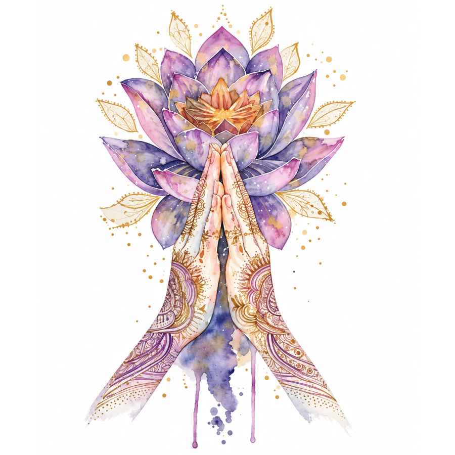Sticker Lotus et Paix Intérieure avec mains Namasté, fleur de lotus violette et détails dorés, symbole de sérénité et d'harmonie.