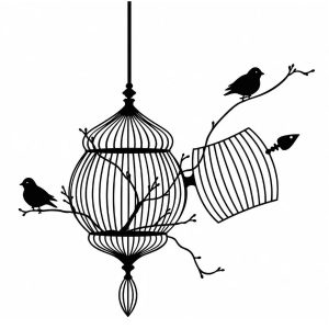 Sticker Oiseaux de la Liberté noir représentant une cage ouverte, deux oiseaux et des branches