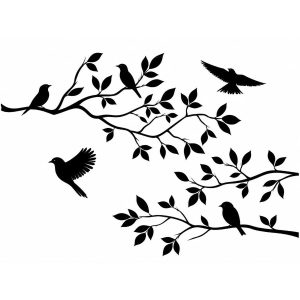 Sticker Oiseaux Virevoltants noir avec branches feuillues et oiseaux en plein vol