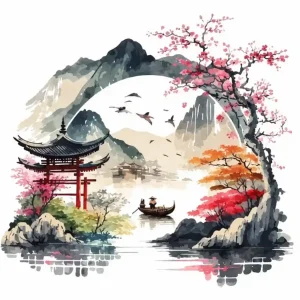 Sticker pagode paysage zen représentant un temple asiatique, des montagnes, des cerisiers roses en fleurs, des oiseaux et une barque sur un lac.