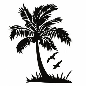 Sticker Palmier Exotique noir avec grandes palmes, deux oiseaux en vol et végétation au pied