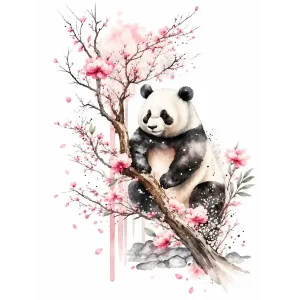 Sticker panda cerisier Feng Shui représentant un panda noir et blanc installé sur une branche de cerisier aux fleurs roses, dans un style aquarelle asiatique.
