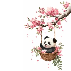 Sticker panda mural sur une balançoire en osier, entouré de fleurs de cerisier roses, dans un style aquarelle asiatique.