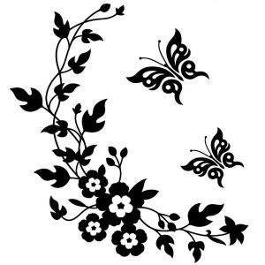 Sticker Papillons du Printemps noir avec branches fleuries et deux papillons décoratifs