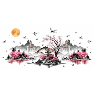 Sticker Paysage Feng Shui Zen représentant des montagnes, des cerisiers roses en fleurs, des pagodes, des grues en vol et une lune dorée.