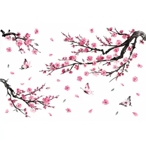 Sticker renouveau cerisier avec branches fleuries roses, papillons délicats et pétales virevoltants, dans un style aquarelle asiatique.