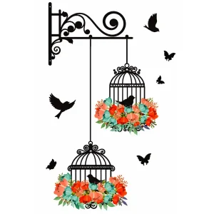 Sticker mural avec deux cages suspendues noires, fleurs colorées, oiseaux et papillons
