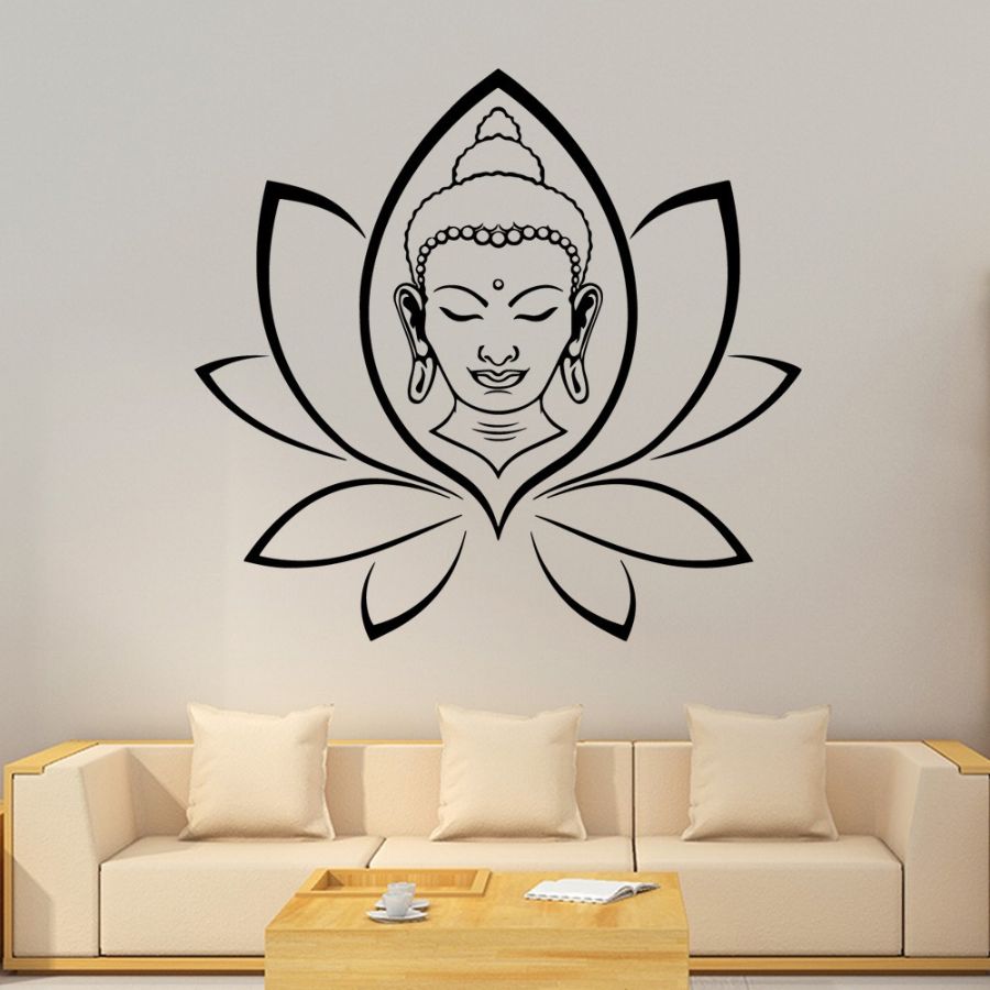 Sticker tête de Bouddha et fleur de lotus en décoration murale dans un salon