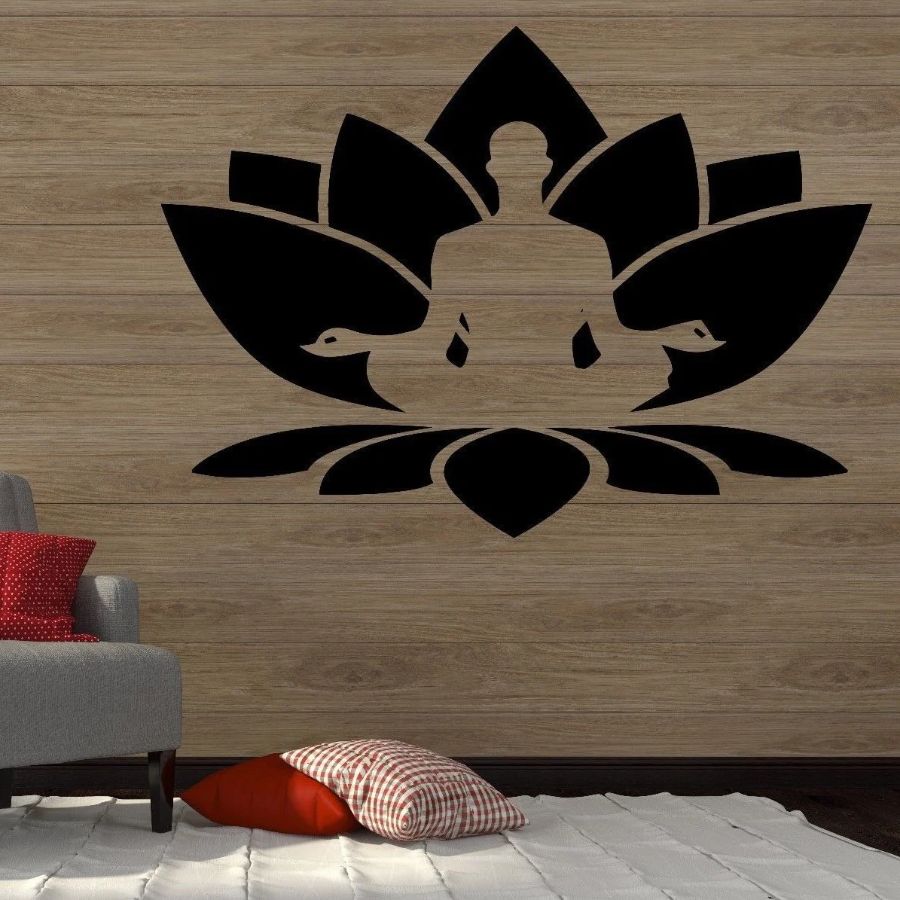 Sticker yogi en méditation sur fleur de lotus sur un mur en bois